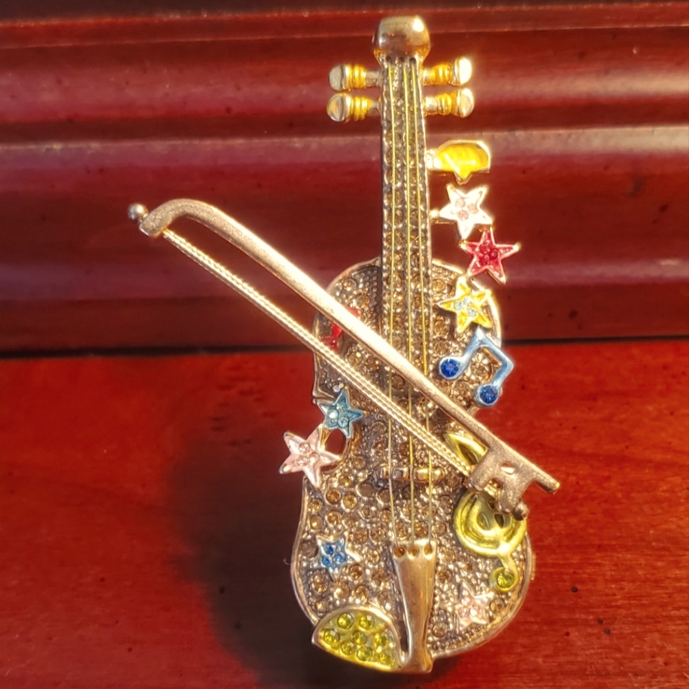 Violin with bow Jeweled Trinket box with magnetic closure and built-in stand